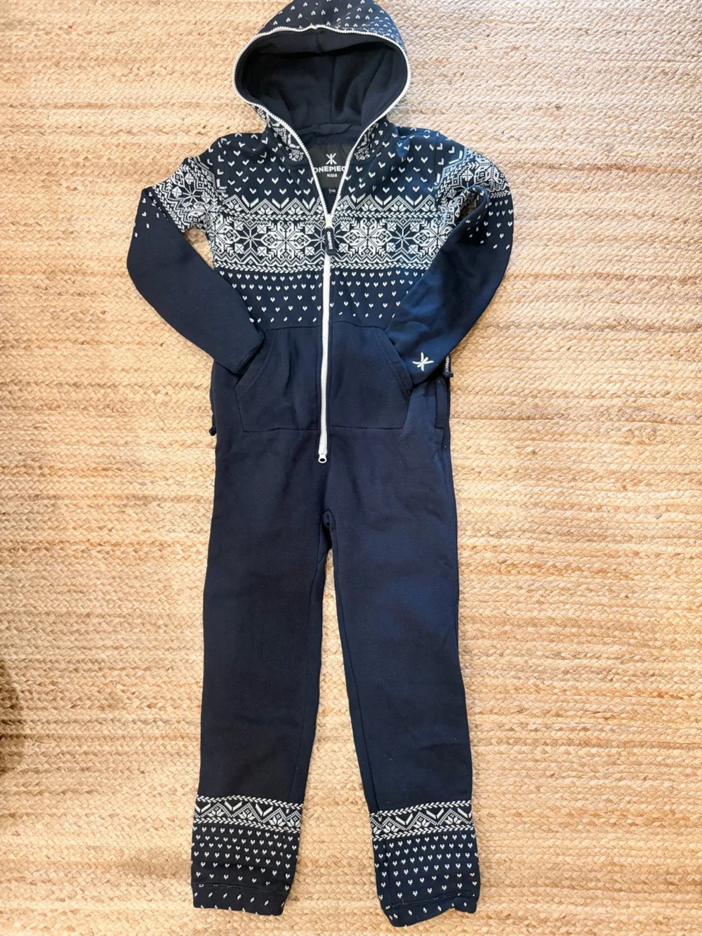 Onepiece Navy and White Fair Isle Hooded Kids Jumpsuit